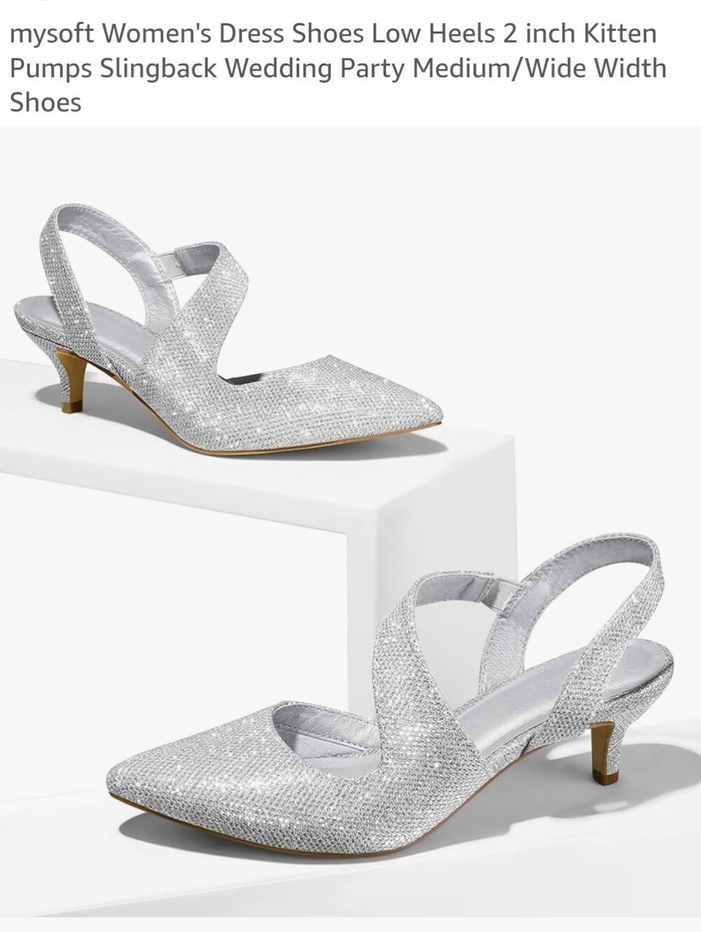 Mysoft Silver Glitter Slingback Kitten Heel Pumps